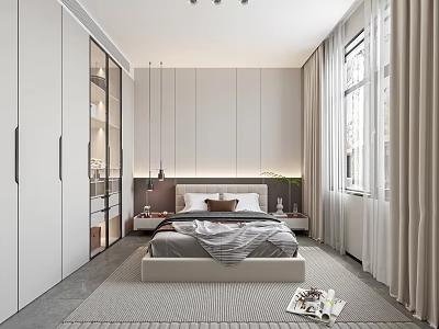 Modern Bedroom Interior Design With White Wardrobe King Size Bed Nightstand And Pendant Lights 3d model