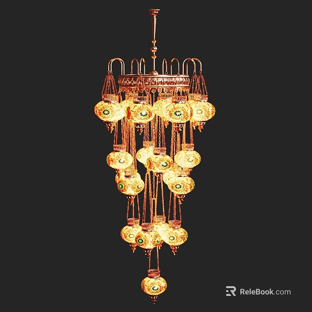 Ornate Multi Tiered Golden Chandelier With Round Glass Decorative Elements 3d model 
