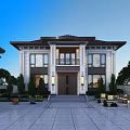 Modern Detached Villa Featuring Symmetrical Facade Grand Entrance Stone Steps Landscaped Garden And Outdoor Lighting