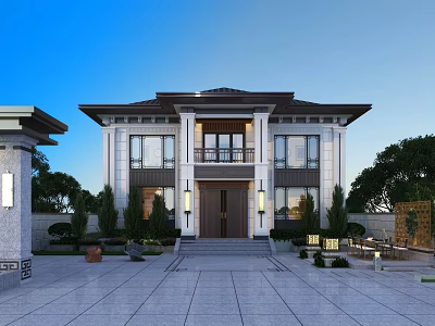 Modern Detached Villa Featuring Symmetrical Facade Grand Entrance Stone Steps Landscaped Garden And Outdoor Lighting 3d model