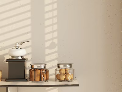Decorative Ornament Set With Grinder And Glass Jars On Tabletop With Window Blind Shadows 3d model