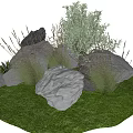 Natural Stone And Wood Garden Design With Green Grass And Plants