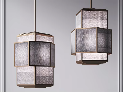 Two Modern Textured Square Pendant Lights With Layered Design And Gold Accents 3d model
