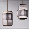 Two Modern Textured Square Pendant Lights With Layered Design And Gold Accents