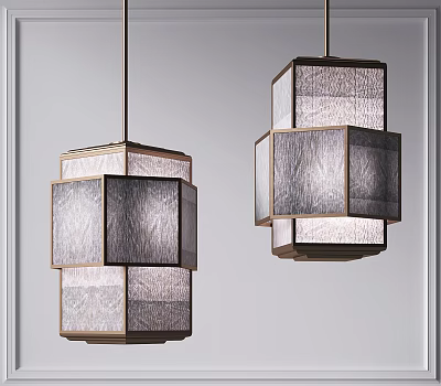 Two Modern Textured Square Pendant Lights With Layered Design And Gold Accents 3d model