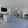 Public Office Space With White Ceiling Recessed Lighting Computer Workstations Green Plants And Blue Flooring 3d model