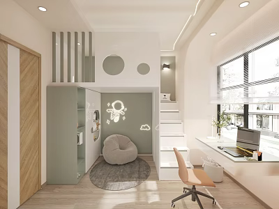 Kids Room Interior Design Featuring Loft Staircase Study Desk Storage Cabinet And Bean Bag Chair 3d model