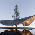 Elegant Garden Landscape Featuring Curved Wooden Pavilion Tree And Water Reflection