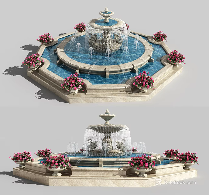 Elegant Garden Ornament With Multi Tiered Fountain And Pink Flower Decorations 3d model 