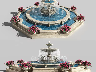 Elegant Garden Ornament With Multi Tiered Fountain And Pink Flower Decorations 3d model