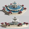 Elegant Garden Ornament With Multi Tiered Fountain And Pink Flower Decorations