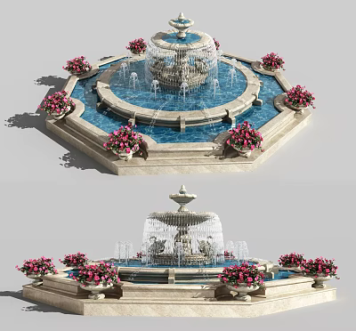 Elegant Garden Ornament With Multi Tiered Fountain And Pink Flower Decorations 3d model