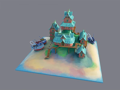 Cartoon Style Scenic Architecture with Multi Tiered Towers Boats on Water and Sandy Beach 3d model