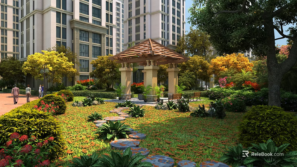 Beautiful Garden Landscape With Wooden Gazebo Stone Path And Colorful Flowers Near Tall Buildings 3d model 