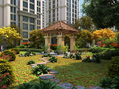 Beautiful Garden Landscape With Wooden Gazebo Stone Path And Colorful Flowers Near Tall Buildings 3d model