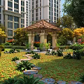 Beautiful Garden Landscape With Wooden Gazebo Stone Path And Colorful Flowers Near Tall Buildings