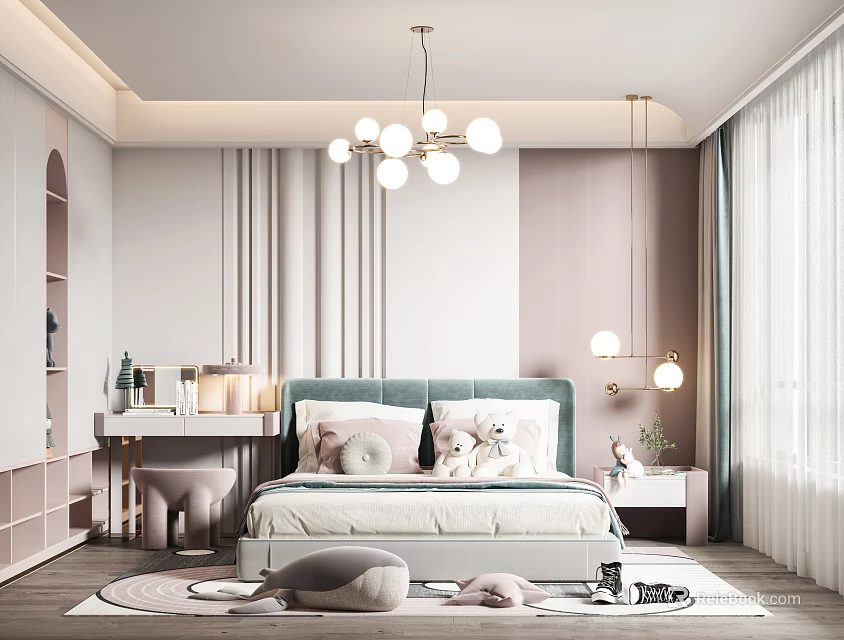 Soft Tones Kids Room Interior With Green Headboard Bed Pillows Dressing Table And Rug 3d model 