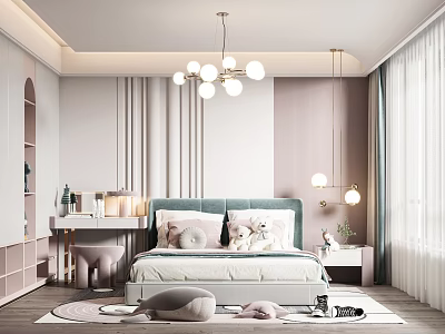 Soft Tones Kids Room Interior With Green Headboard Bed Pillows Dressing Table And Rug 3d model
