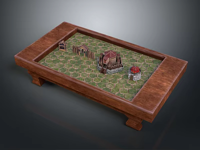 Ancient Scene Miniature Model With Wooden Tray And Green Hexagonal Grid Ground 3d model