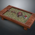 Ancient Scene Miniature Model With Wooden Tray And Green Hexagonal Grid Ground