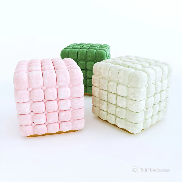 Square Patterned Cube Shaped Ottoman in Pastel Pink Green and White for Modern Decor 3d model 
