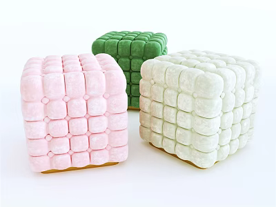 Square Patterned Cube Shaped Ottoman in Pastel Pink Green and White for Modern Decor 3d model