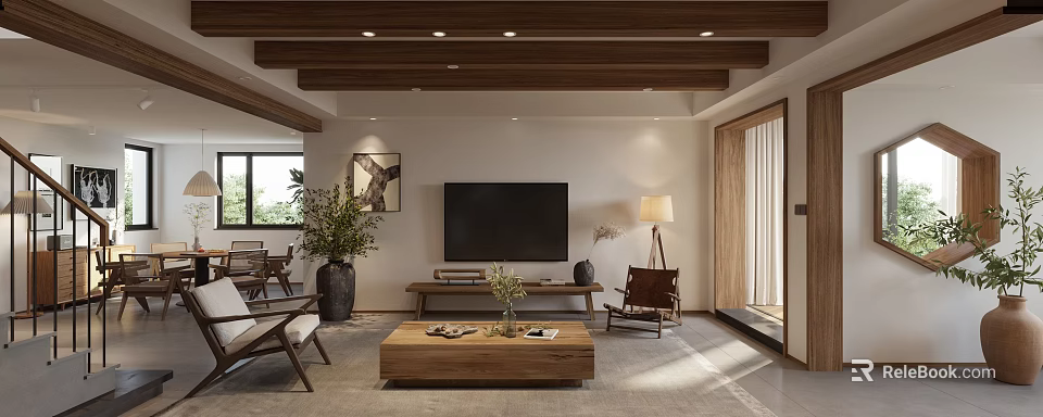Open Concept Living Dining Room With Wooden Beams TV Wooden Coffee Table And Plants 3d model 