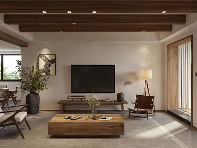 Open Concept Living Dining Room With Wooden Beams TV Wooden Coffee Table And Plants 3d model