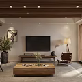 Open Concept Living Dining Room With Wooden Beams TV Wooden Coffee Table And Plants