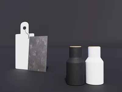 Black and White Kitchen Tableware Set with Cutting Boards and Decorative Bottles 3d model