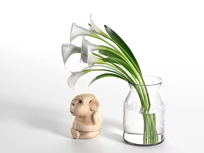 Clear Glass Vase With White Calla Lilies And Wooden Monkey Figurine For Home Decor 3d model