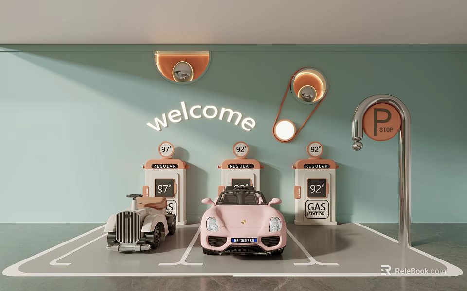 Fun Children's Playground with Pink Gray Toy Cars Gas Station Parking Sign and Welcome Decor 3d model 