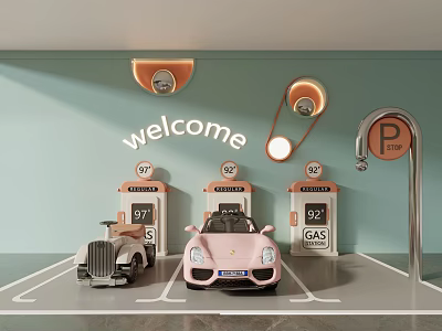 Fun Children's Playground with Pink Gray Toy Cars Gas Station Parking Sign and Welcome Decor 3d model
