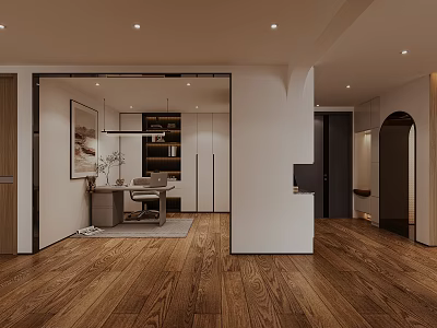 Modern Style Study Room Interior With Desk Bookshelf And Decor 3d model