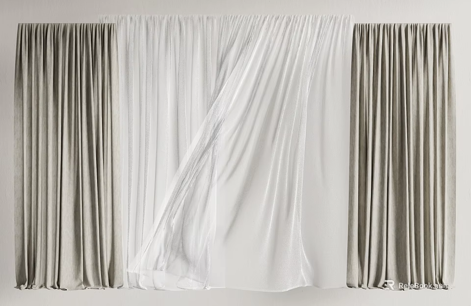 Elegant Layered Curtain With Sheer White And Gray Textured Window Drapes 3d model 