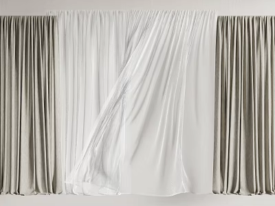 Elegant Layered Curtain With Sheer White And Gray Textured Window Drapes 3d model