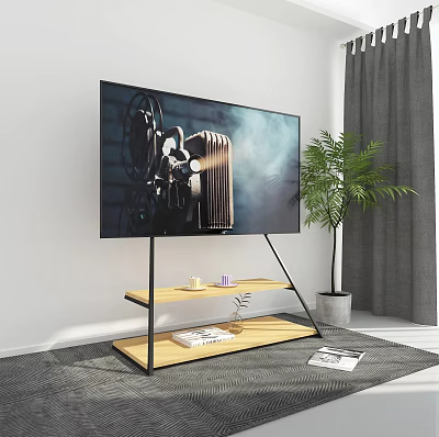 Iron Frame TV Stand With Wooden Shelves And Plants In Living Room 3d model