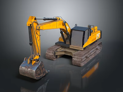 Yellow CAT Excavator With Tracks And Front Bucket On Gray Background 3d model