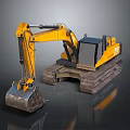 Yellow CAT Excavator With Tracks And Front Bucket On Gray Background
