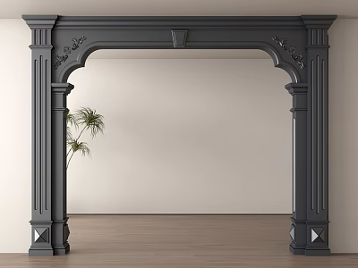 Black Ornate Arched Doorway With Carved Details Potted Plant On Wooden Floor White Wall 3d model