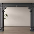 Black Ornate Arched Doorway With Carved Details Potted Plant On Wooden Floor White Wall