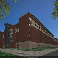 Modern Red Brick Multi Storey School Building With Green Lawn And Trees 3d model