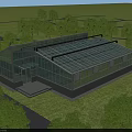 Modern Industrial Factory with Glass Curtain Walls Transparent Roof on Grassland Surrounded by Green Trees