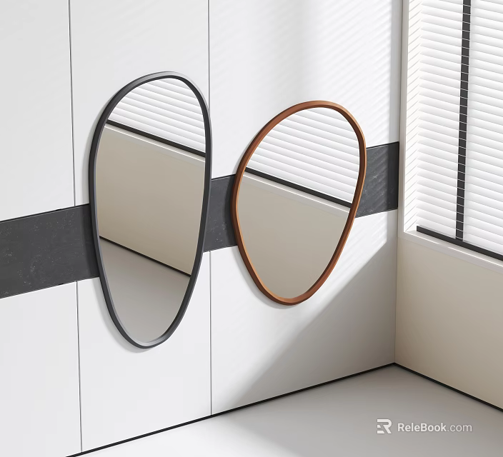 Two Oval Mirrors with Black and Brown Frames on White Wall with Light from Blinds 3d model 