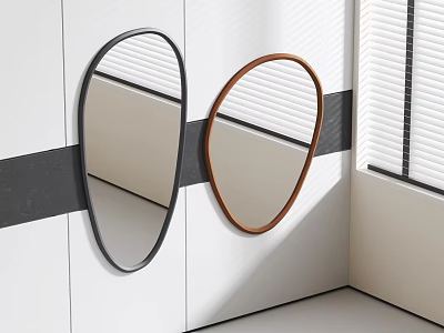 Two Oval Mirrors with Black and Brown Frames on White Wall with Light from Blinds 3d model