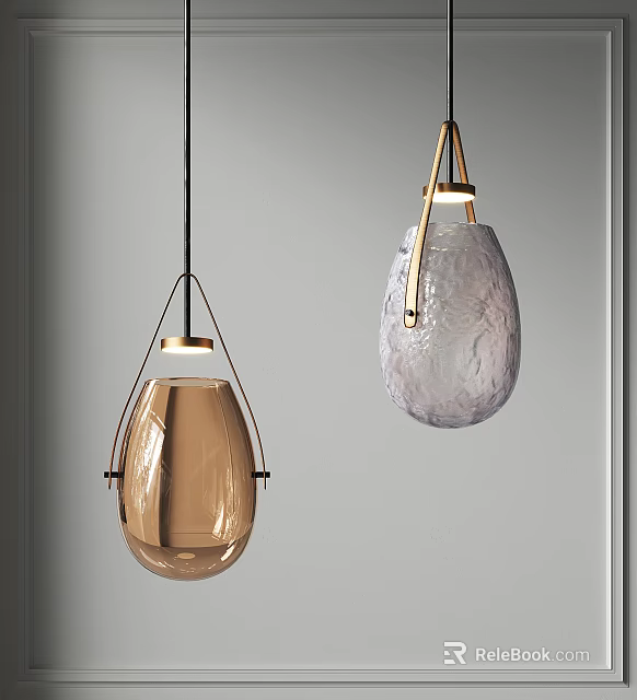 Two Modern Pendant Lights With Brass Frame And Textured Glass Shades 3d model 