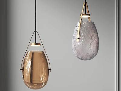 Two Modern Pendant Lights With Brass Frame And Textured Glass Shades 3d model