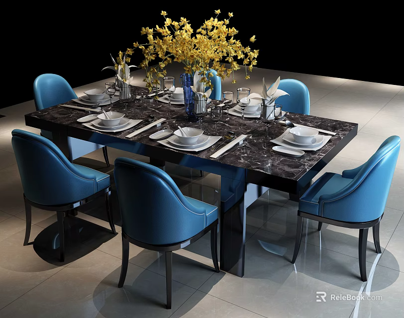 Modern Dining Table Set With Marble Top And Blue Chairs Dinnerware Yellow Flowers 3d model