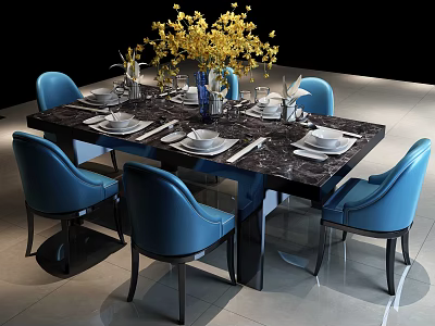 Modern Dining Table Set With Marble Top And Blue Chairs Dinnerware Yellow Flowers 3d model