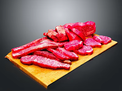 Fresh Raw Beef Slices Neatly Arranged On Wooden Cutting Board Ready To Cook 3d model